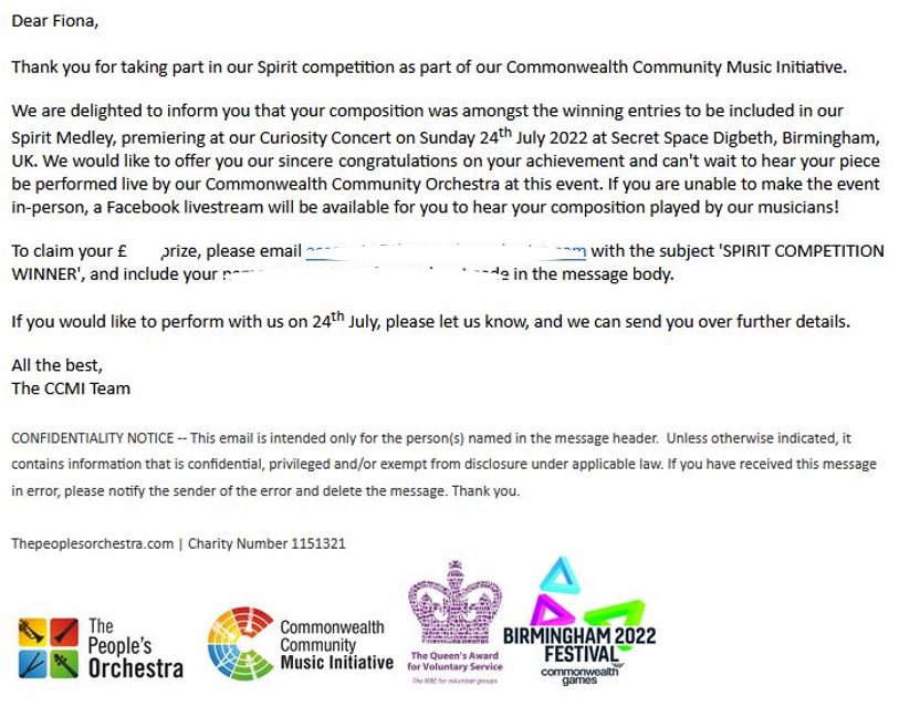 CCMI Prizewinner notification e-mail